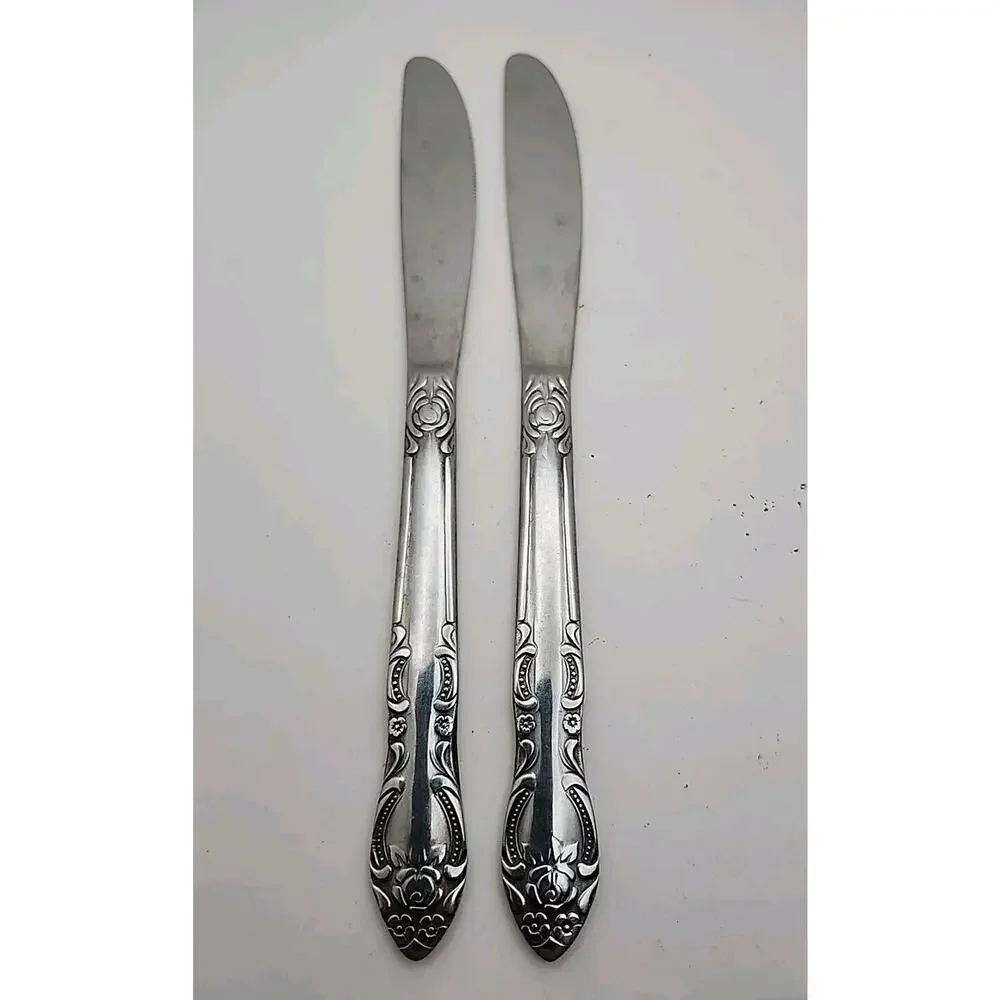 2 Vtg Stainless Steel FLATWARE Butter Knives Ornate Rose Floral Handle Japan